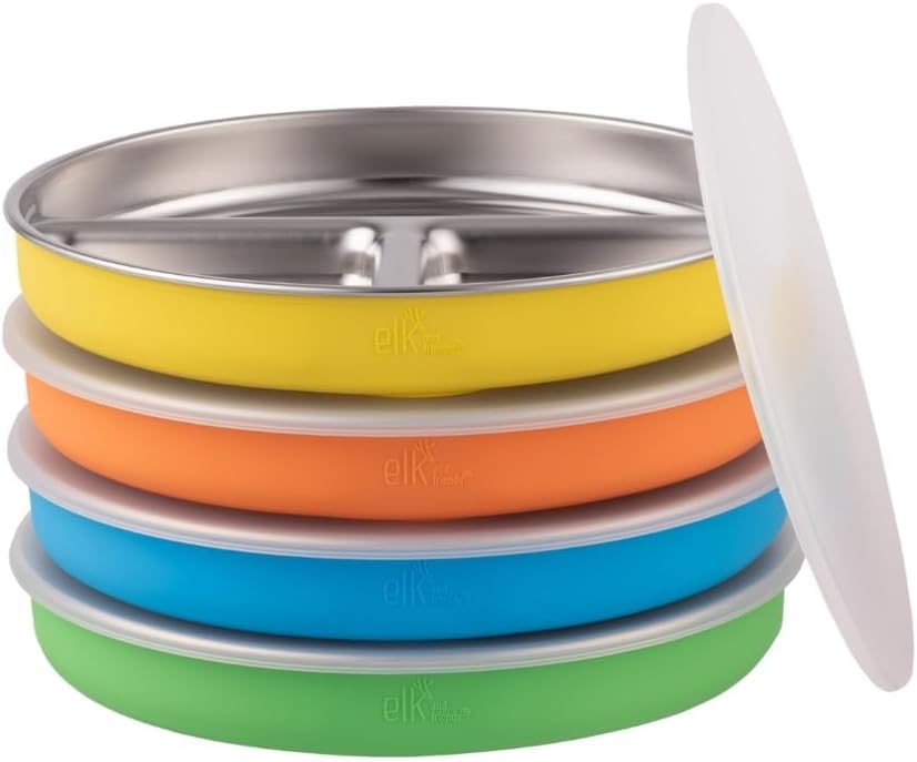Elk and Friends Stainless Steel Divided Plates with Normal Sleeve for Babies & Toddlers | Lids Included Dinner & Snack Plates | 4 Pack