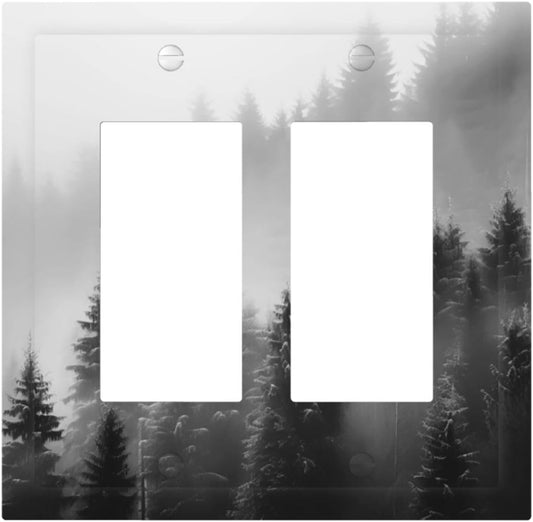 Foggy Forest Natural Scenery Retro Tree Pine Decorative Outlet Covers 2 Gang Double GFCI Rocker Electrical Wall Panels Light Switch Cover Plate for Bed Room Living Room Decor