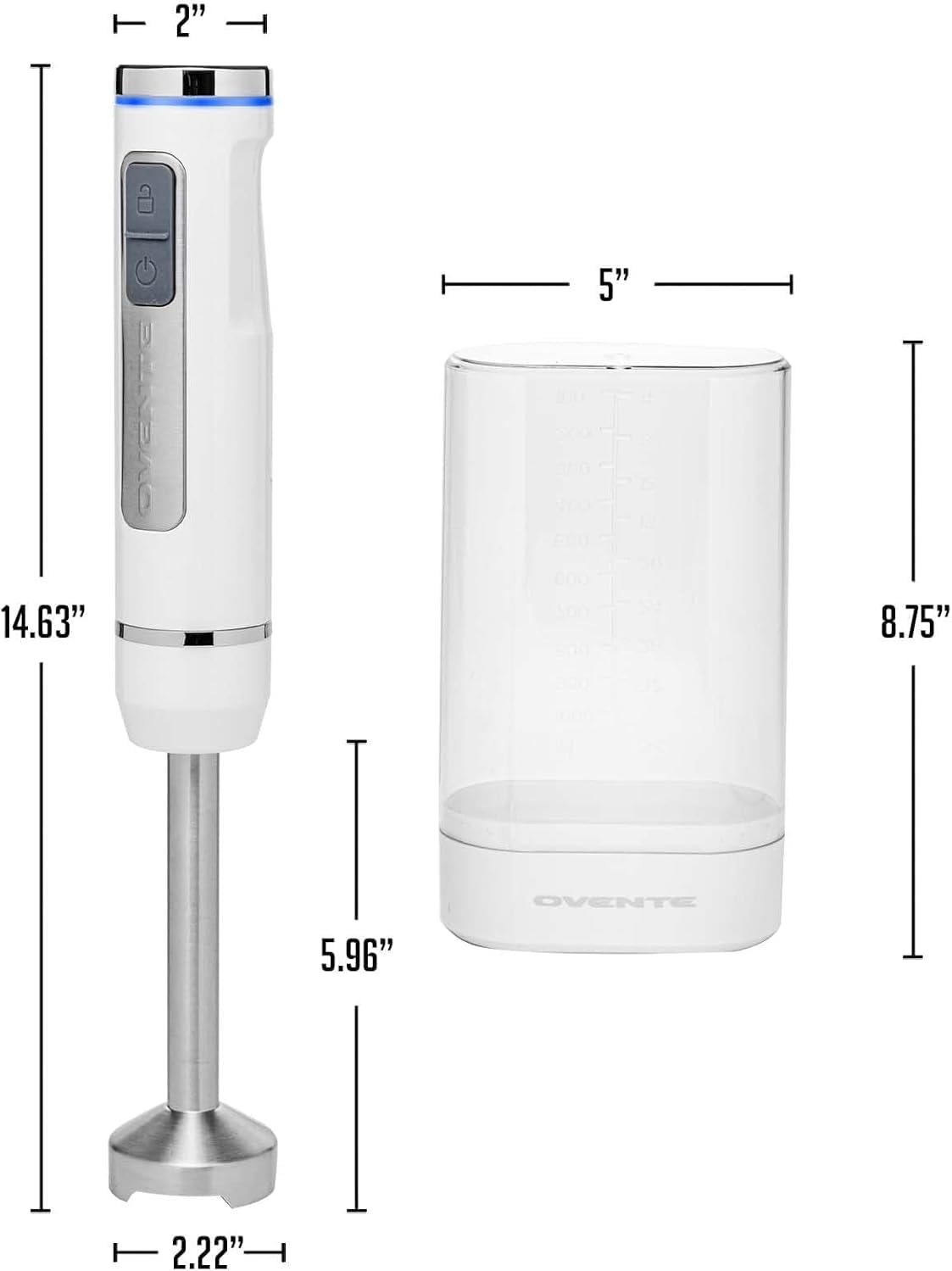 OVENTE Cordless Immersion Hand Blender, Rechargeable Handheld Portable Stick Mixer with 8 Mixing Speed Option, One-Touch Control and Stainless Steel Blades for Smoothies, Shakes or Soups, White HR781W