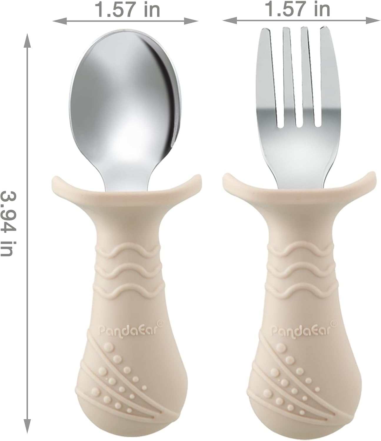 PandaEar Baby Toddler Fork and Spoon Utensil Set, 6 Pack Silicone Stainless Steel Silverware Spoon Fork for Babies Toddler, BPA Free with Silicone Holding Anti-Choke Design (Light Tan&Walnut&Grey)