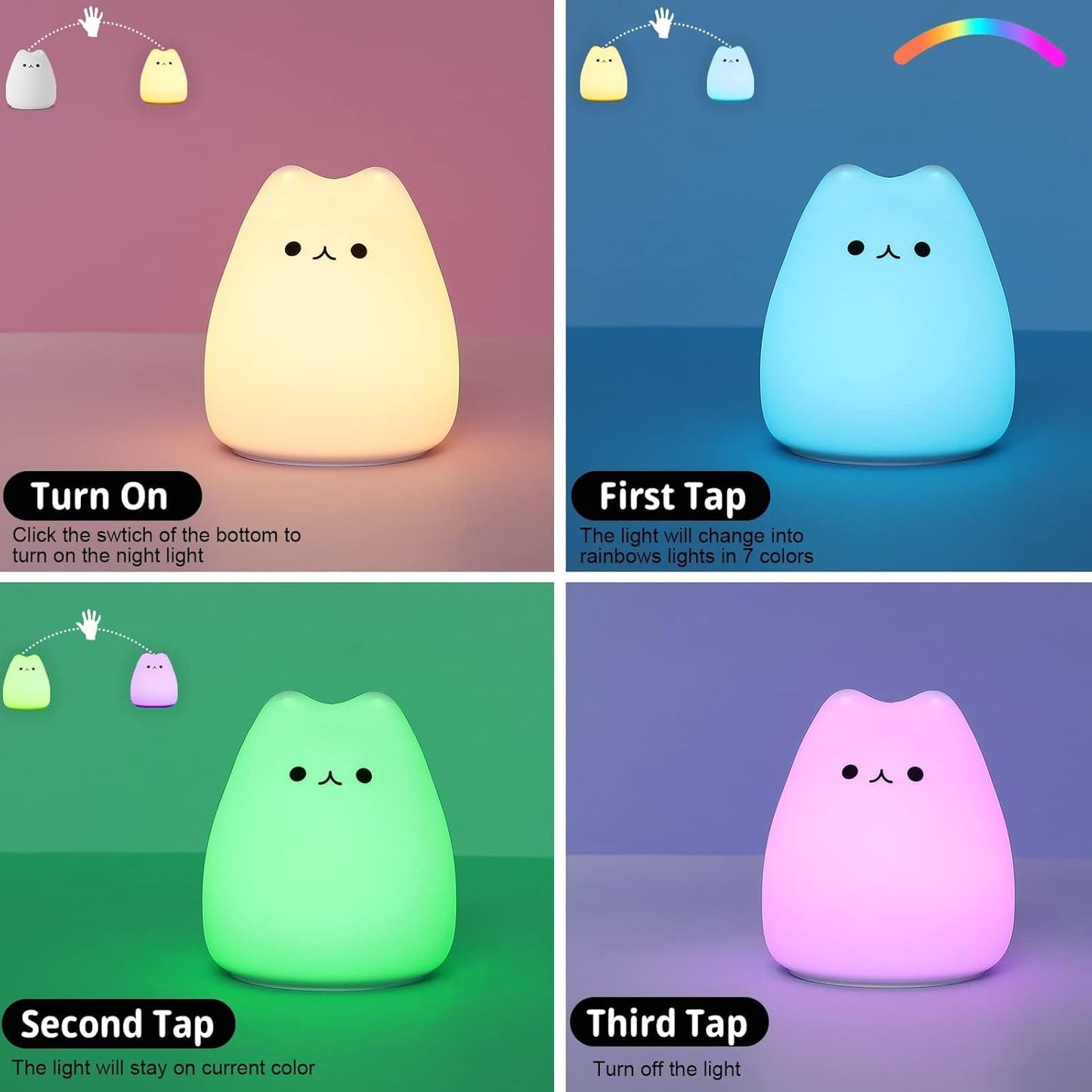 LOVERUIS Cat Lamp Night Light Girl Colorful Squishy Night Lights with 1 Hours Timer Kids Nightlight for Kids Room Gift for Toddle Kitty Lamp Girl