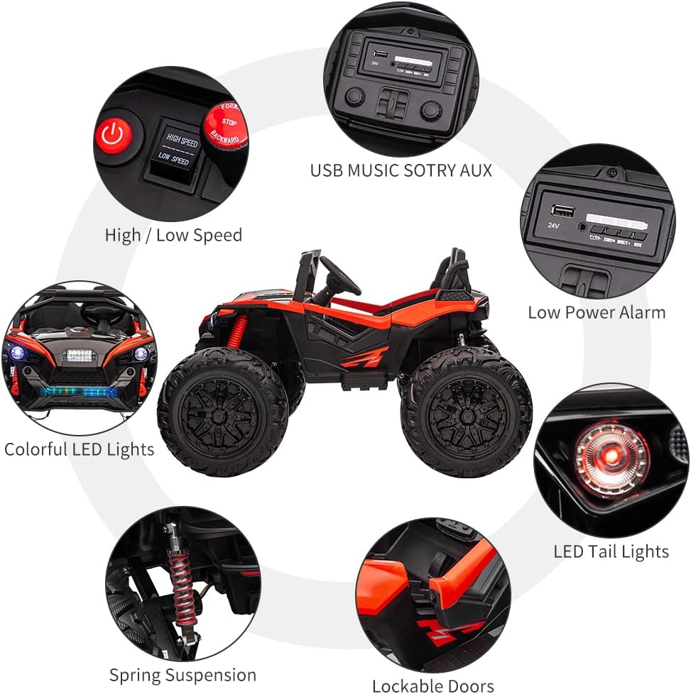 2 Seaters 24V Ride on UTV with Remote Control,10AH Battery, 400W Powerful Motors with 17" EVA Wheels, 20.5“ Seat Width Electric Ride Toy with Metal Suspension,LED Lights,Music,Horn (Red)