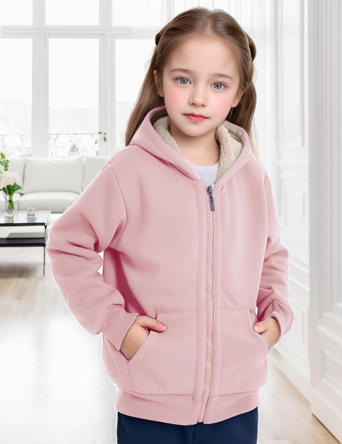 Gihuo Unisex Boy's Girls Winter Warm Sherpa Lined Zip Up Sweatshirt Fleece Jacket Kid's Hoodie Outerwear