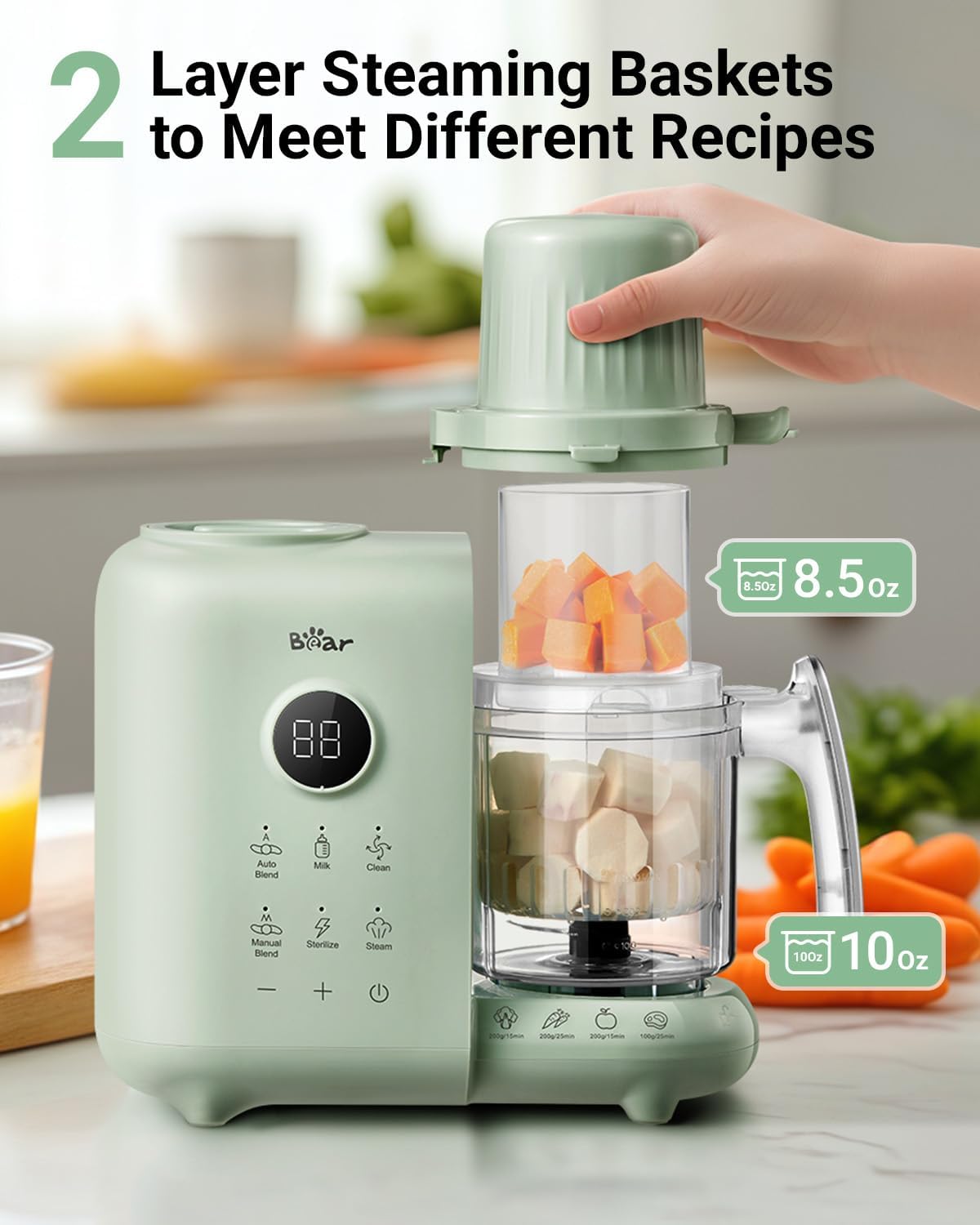 Bear Baby Food Maker with Two Layer Steam Baskets, Multifunction Baby Food Processor Steamer Puree Blender, Baby Food Mill with Bottle Warming Sterili-zing Auto Cleaning Function, BPA-Free