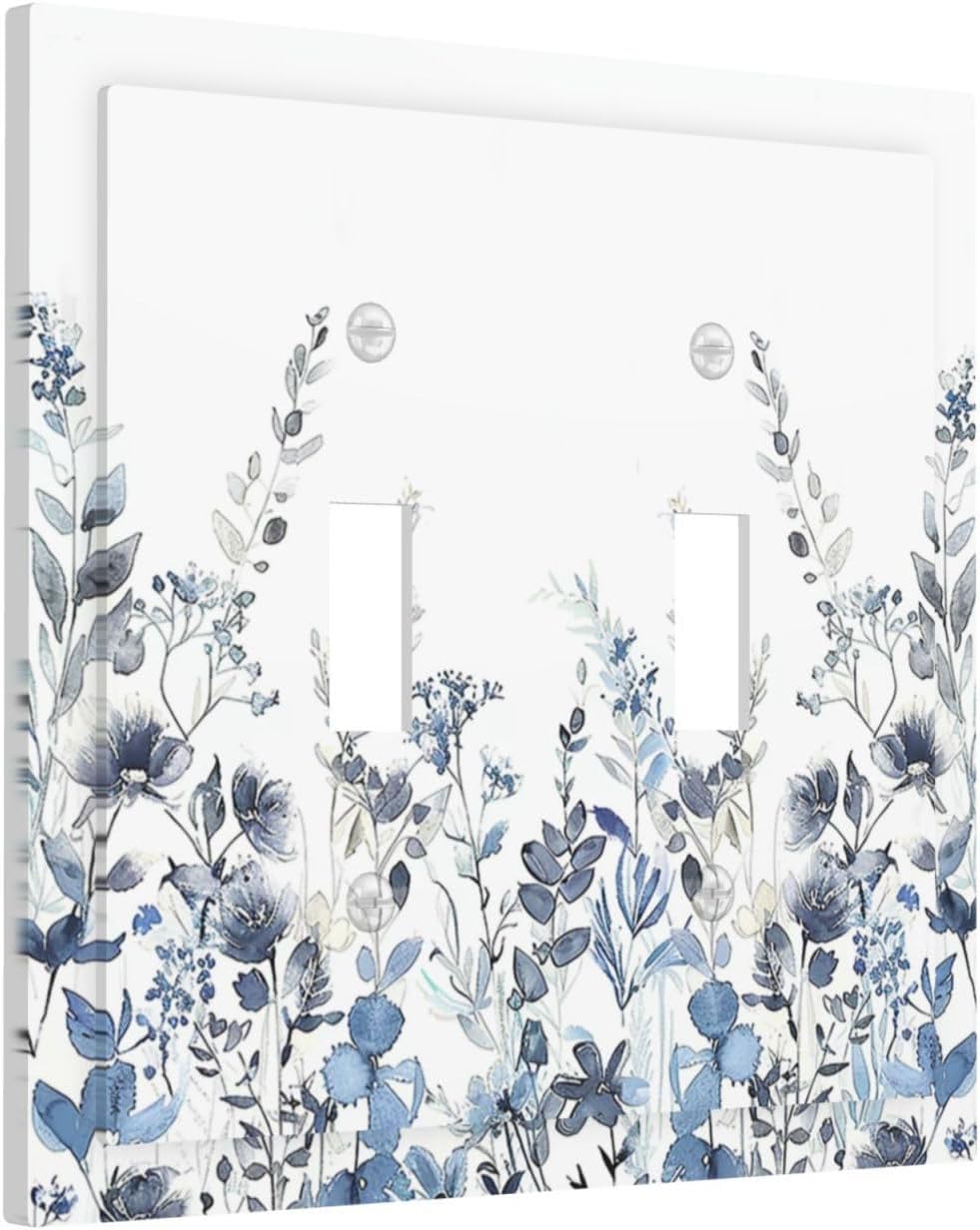 Decorative Switch Plates Light Blue Watercolor Leaves Plant With Floral 2 Gang Double Toggle Outlet Light Switch Cover Wall Plate Electrical Faceplate for Bedroom Bathroom Decor