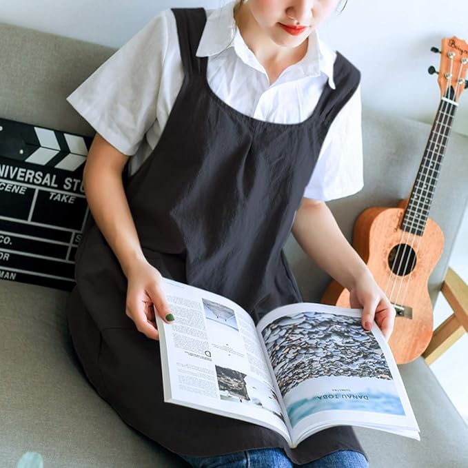 NEWGEM Japanese Linen Cross Back Cooking Aprons for Women Men with Pockets Cute for Baking Kitchen