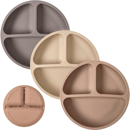 WeeSprout Silicone Plates for Babies & Toddlers (3 Pack) 100% Food-Grade Dishes for Self Feeding, Divided Design & Raised Edges for Picky Eaters, Dishwasher & Microwave Safe Weaning Supplies