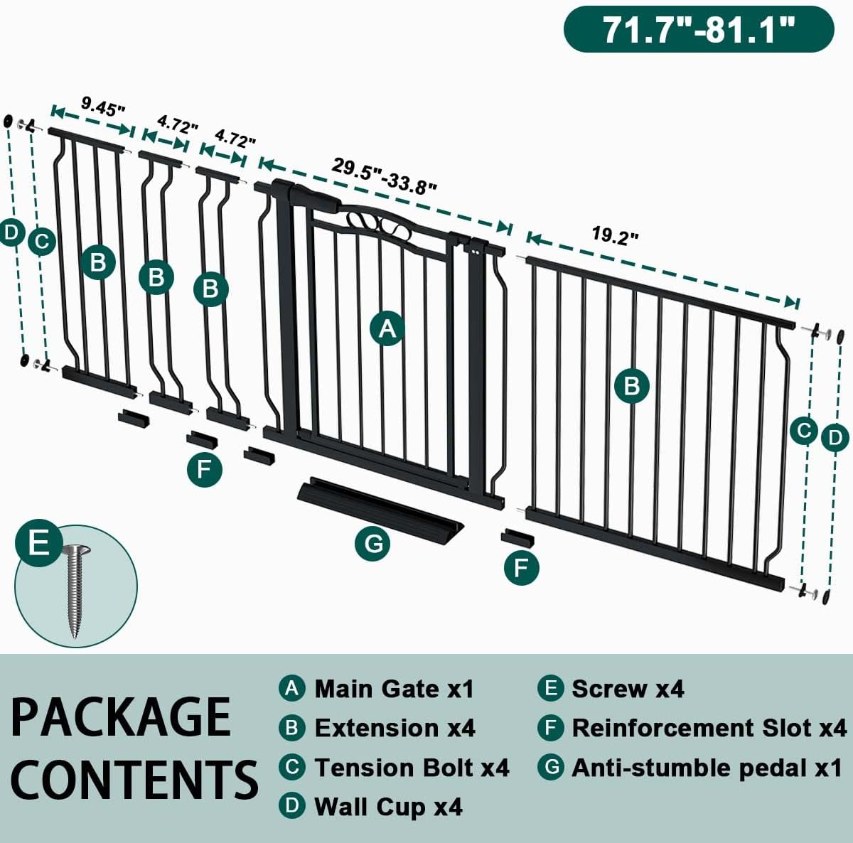 Fairy Baby 67.3"-81.1" Extra Wide Baby Gate for Stairs, Large Pet Dog Gate for Wide Openings, Pressure Mounted Safety Child Gate, Metal Auto Close Long Pet Gate for Doorways with Walk Thru Door, Black