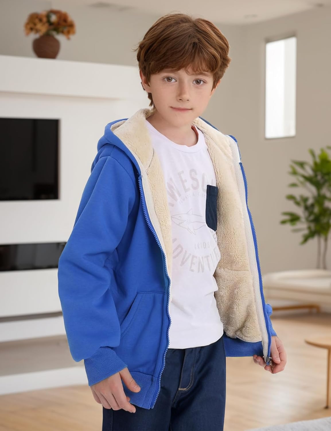 Gihuo Unisex Boy's Girls Winter Warm Sherpa Lined Zip Up Sweatshirt Fleece Jacket Kid's Hoodie Outerwear