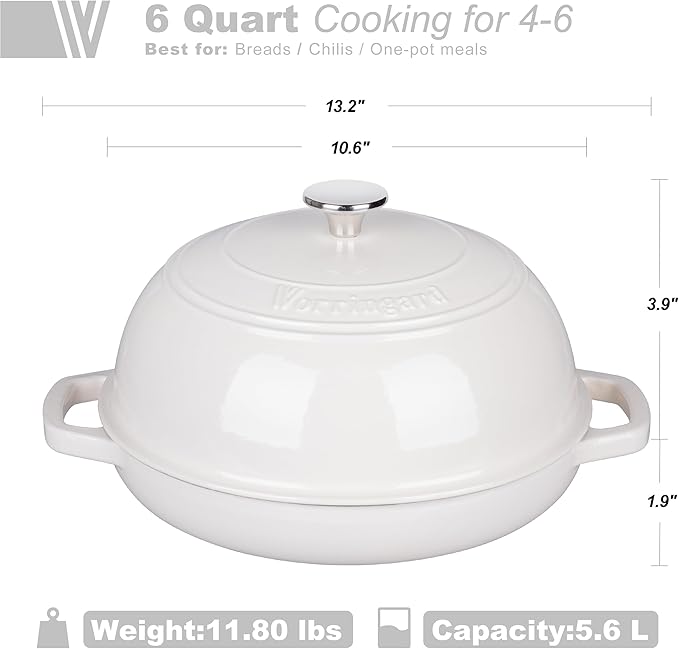 Enameled Cast Iron Dutch Oven Pot with Lid, Bread Oven for Sourdough Bread Baking, Dutch Ovens with Bread Proofing Basket& Baking Supplies Set, 6 Quart, White