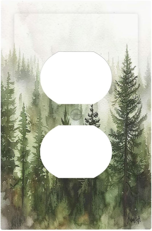 Outlet Covers Green Forest Watercolor Painting Foggy Pine 1 Gang Duplex Wall Plate Decorative Switch Plates Electrical Receptacle Faceplate Light Switch Cover for Bedroom living Room Decor