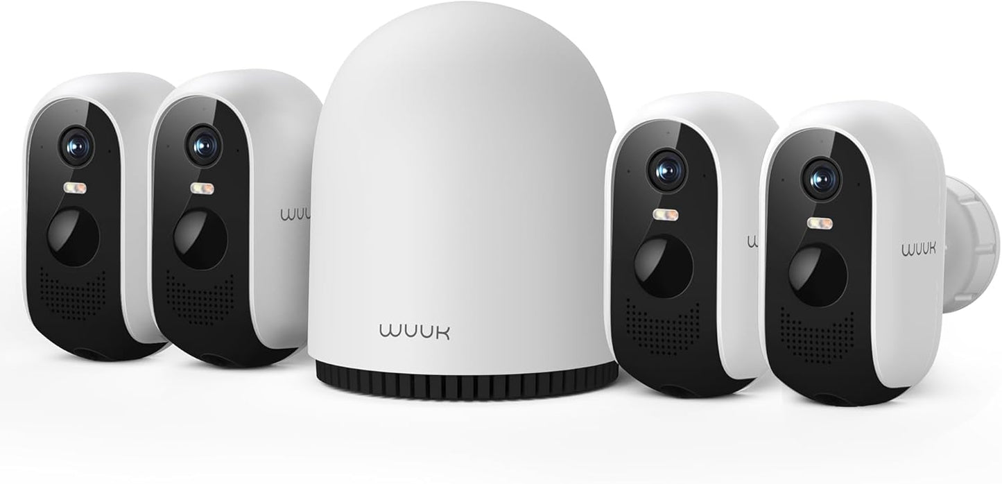 WUUK Security Cameras Wireless Outdoor 2K, Homebase + 4 Cameras, No Monthly Fees, 32GB Storage, 240 Days Battery Life, Night Vision, Motion Detection, 2.4/5 GHz WiFi, Compatible with Alexa & Google