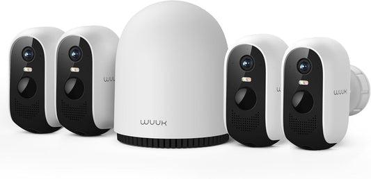 WUUK Security Cameras Wireless Outdoor 2K, Homebase + 4 Cameras, No Monthly Fees, 32GB Storage, 240 Days Battery Life, Night Vision, Motion Detection, 2.4/5 GHz WiFi, Compatible with Alexa & Google