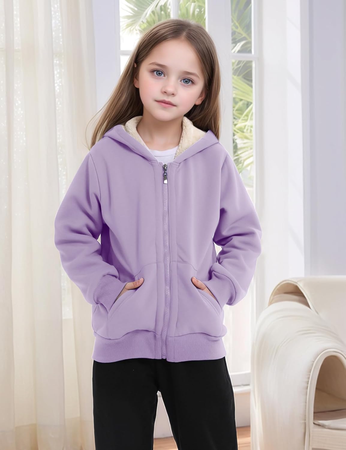 Gihuo Unisex Boy's Girls Winter Warm Sherpa Lined Zip Up Sweatshirt Fleece Jacket Kid's Hoodie Outerwear