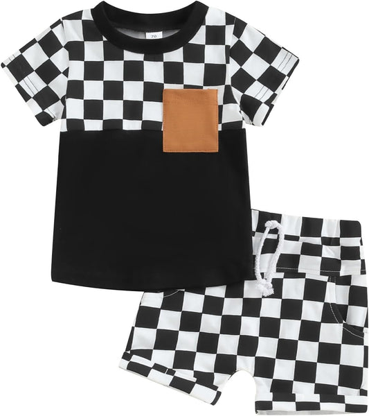 fhutpw Baby Toddler Boy Clothes Summer Outfits 6 12 18 24 Months Patchwork Short Sleeve T Shirt & Shorts Sets with Pockets