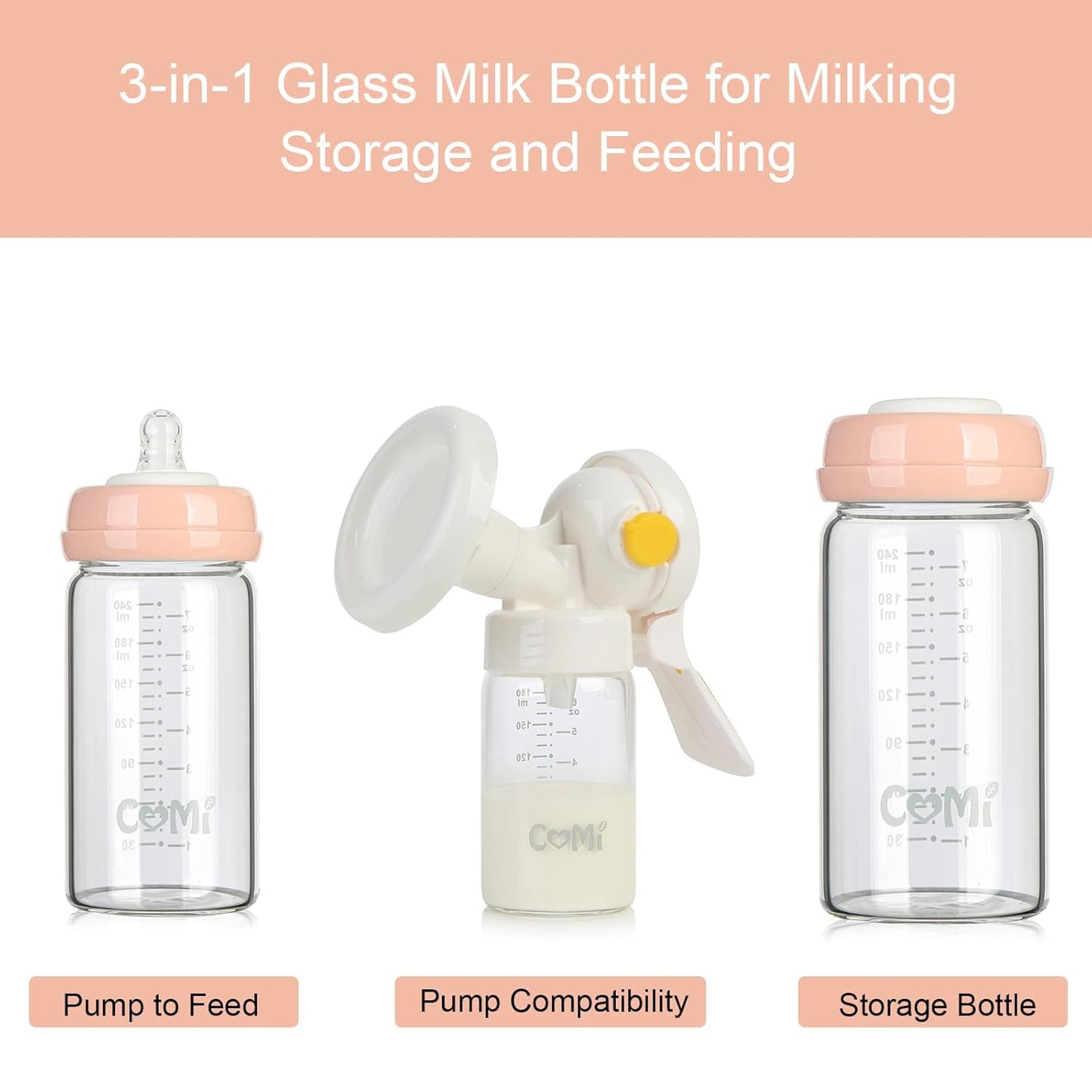 COMI Wide Neck Glass Breastmilk Collection n Storage Bottle, 8oz with Screw Ring Sealing Disk; Re-markable Sealing Disc. BPA Free, Fits Breast Pumps & Nipples (2 Pink Lids)