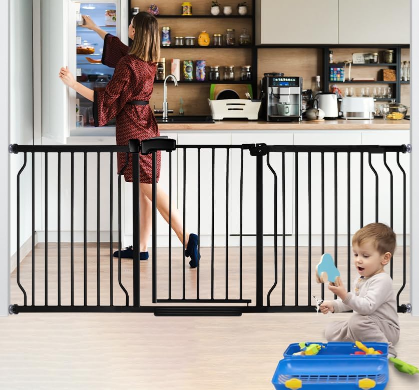 Extra Wide Baby Gate for Stairs Doorways with door, 30" Tall 66.5-75.8" Wide Easy Install Dog Gate indoor, Safety Metal Pressure Mounted Pet Gate with Walk-Thru Auto Close for the House, Black