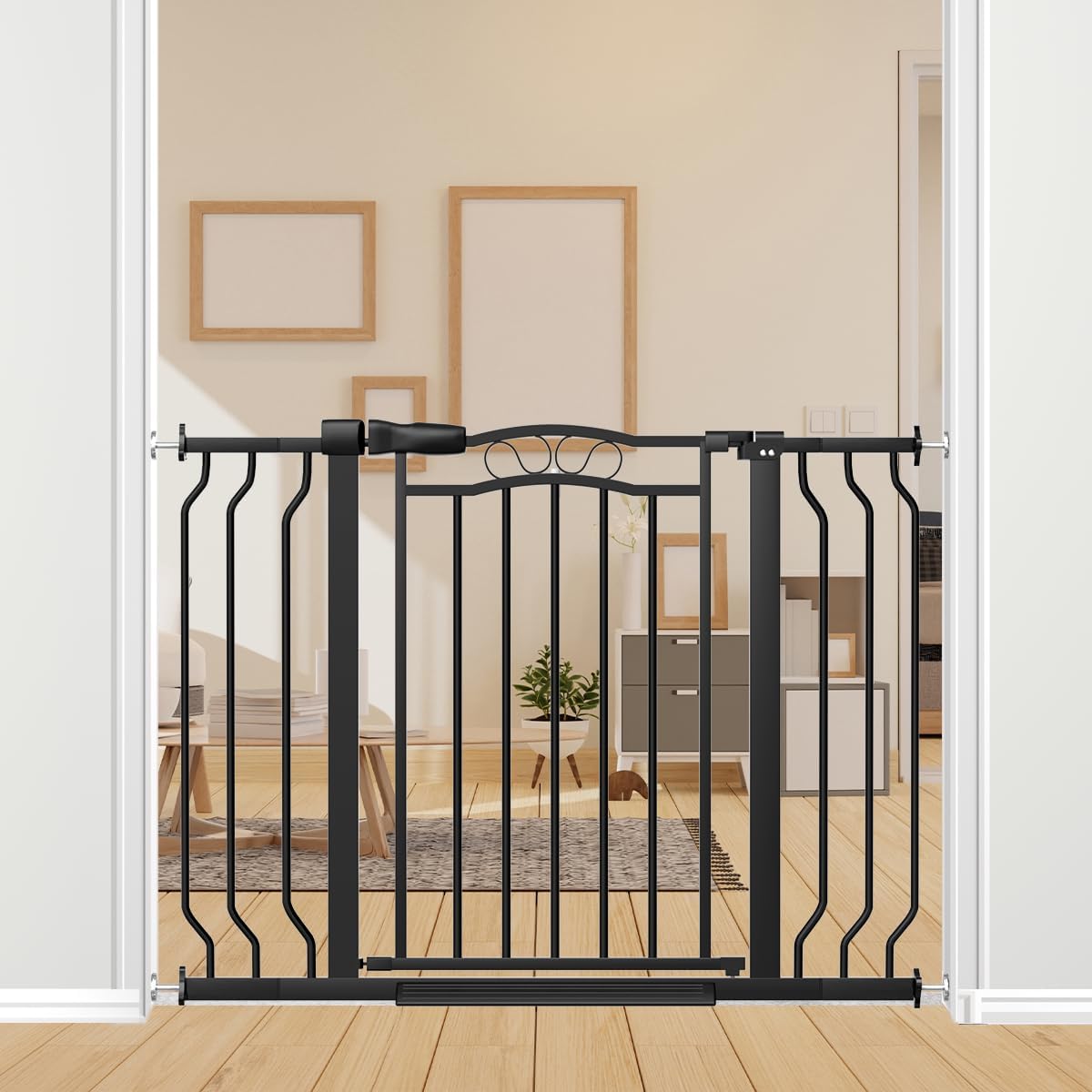 29.5-43.7" Wide Baby Gate for Stairs No Drilling, 30" Tall Metal Pet Baby Safety Gates with Expansion Kit, Press Mounted Pet Gate Indoor for Kids, Walk Through Dog Gates for Doorways, Black