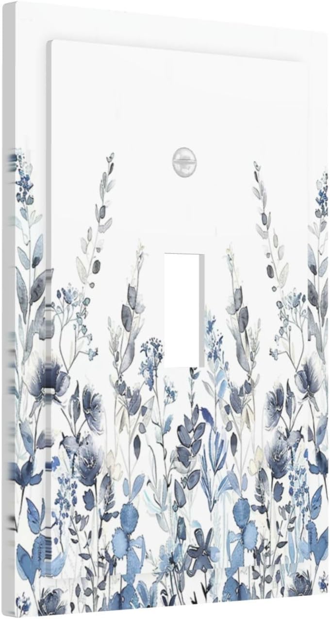 Decorative Light Switch Cover Light Blue Watercolor Leaves Plant With Floral 1 Gang Single Toggle Device Electrical Faceplate Switchplates Decorator Outlet Wall Plate for Bedroom Bathroom