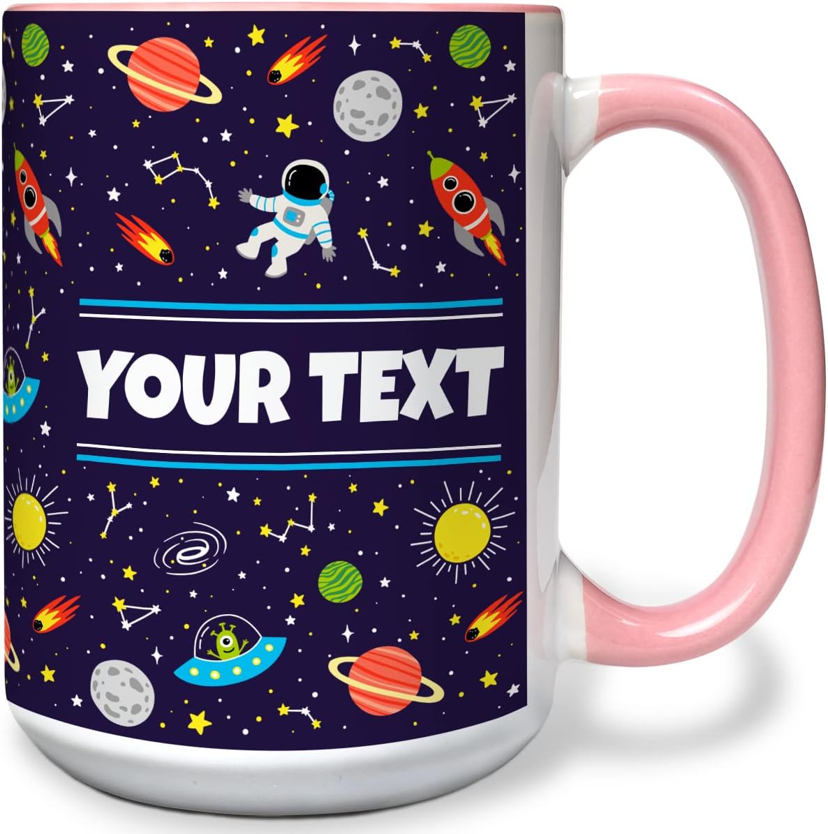 Personalized Mug for Kids - Outer Space - Custom Name/Text, Ceramic Hot Chocolate/Cocoa/Coffee Cup for Boys/Girls, Birthday/Christmas/Holiday Gift - 15 oz, Pink Handle