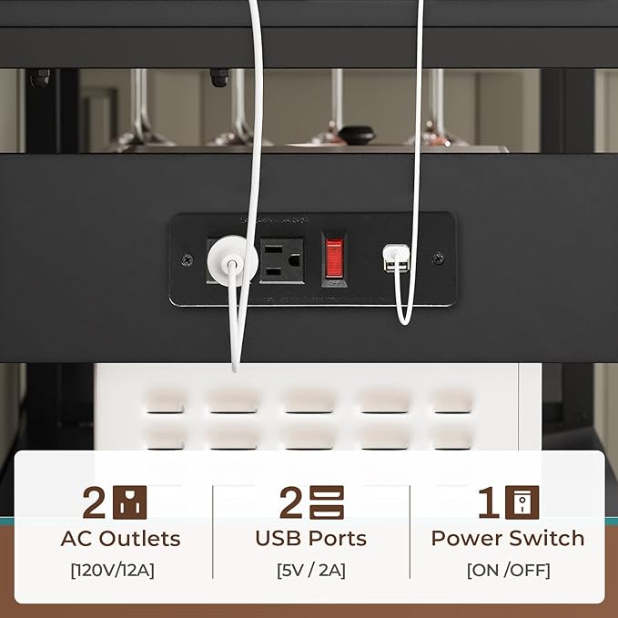 Itaar Bakers Rack with Power Outlet and LED Light, 45.3 Inch Farmhouse Coffee Bar Cabinet, Kitchen Microwave Stand with Storage, Glass Cabinet, Goblet Holder and 8 Hooks, Black