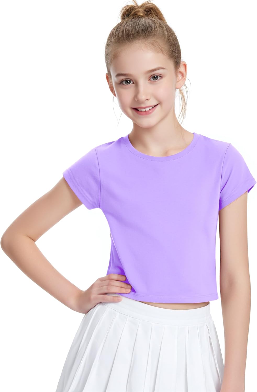 Auranso Girls Crop Tops Summer Short Sleeve Round Neck T Shirts Basic Tee for Kids