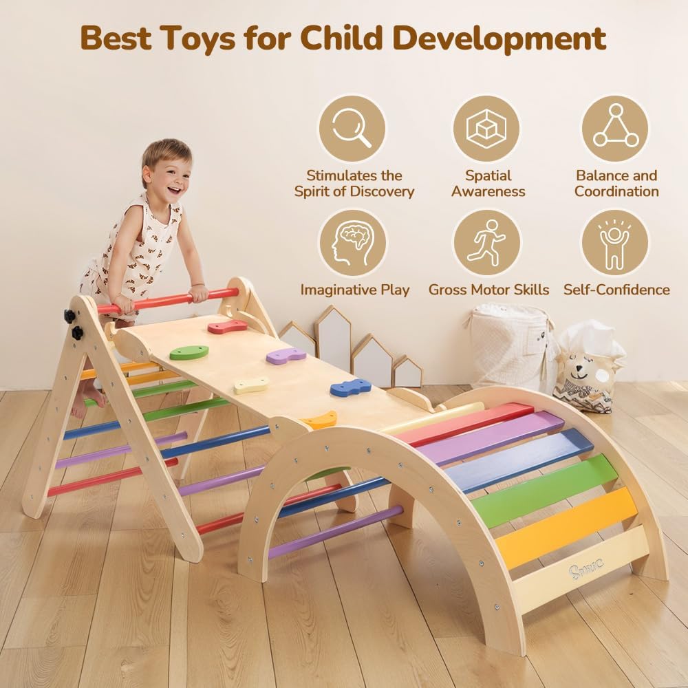 Pikler Triangle Set with Cushion, 8-in-1 Toddler Climbing Toys Indoor, Wooden Montessori Climbing Set with Arch Ramp,Ladder&Tent Cloth, Baby Indoor Climber Jungle Gyms for Toddlers Toy, Rainbow