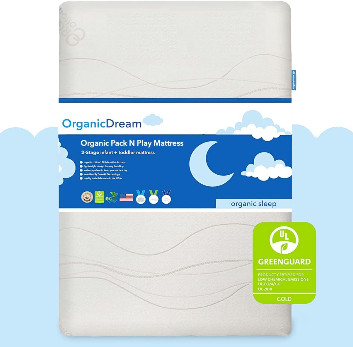Organic Dream Pack and Play Mattress I [Dual-Sided] I Firm Infant Side + Memory Foam Toddler Side I Plush 100% Organic Cover I Fits Most Pack N Play Playpens and Playards