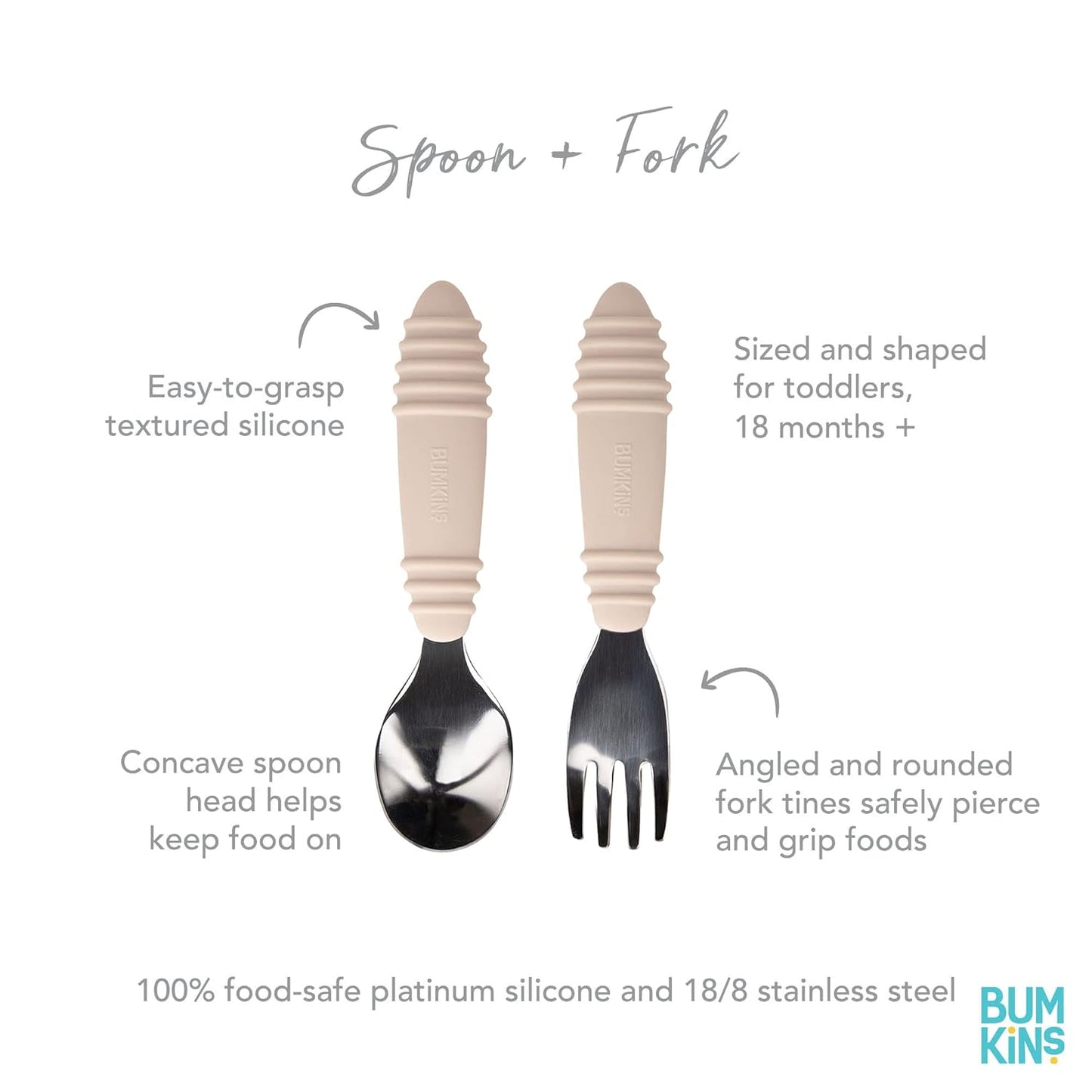 Bumkins Toddler Utensils, Kids Size Fork and Spoon Set, Silicone and Stainless-Steel Training Silverware, Angled Forks/Sporks for Self-Feeding, Children Hold Learning to Eat, 18 Mos Up, Sand Beige
