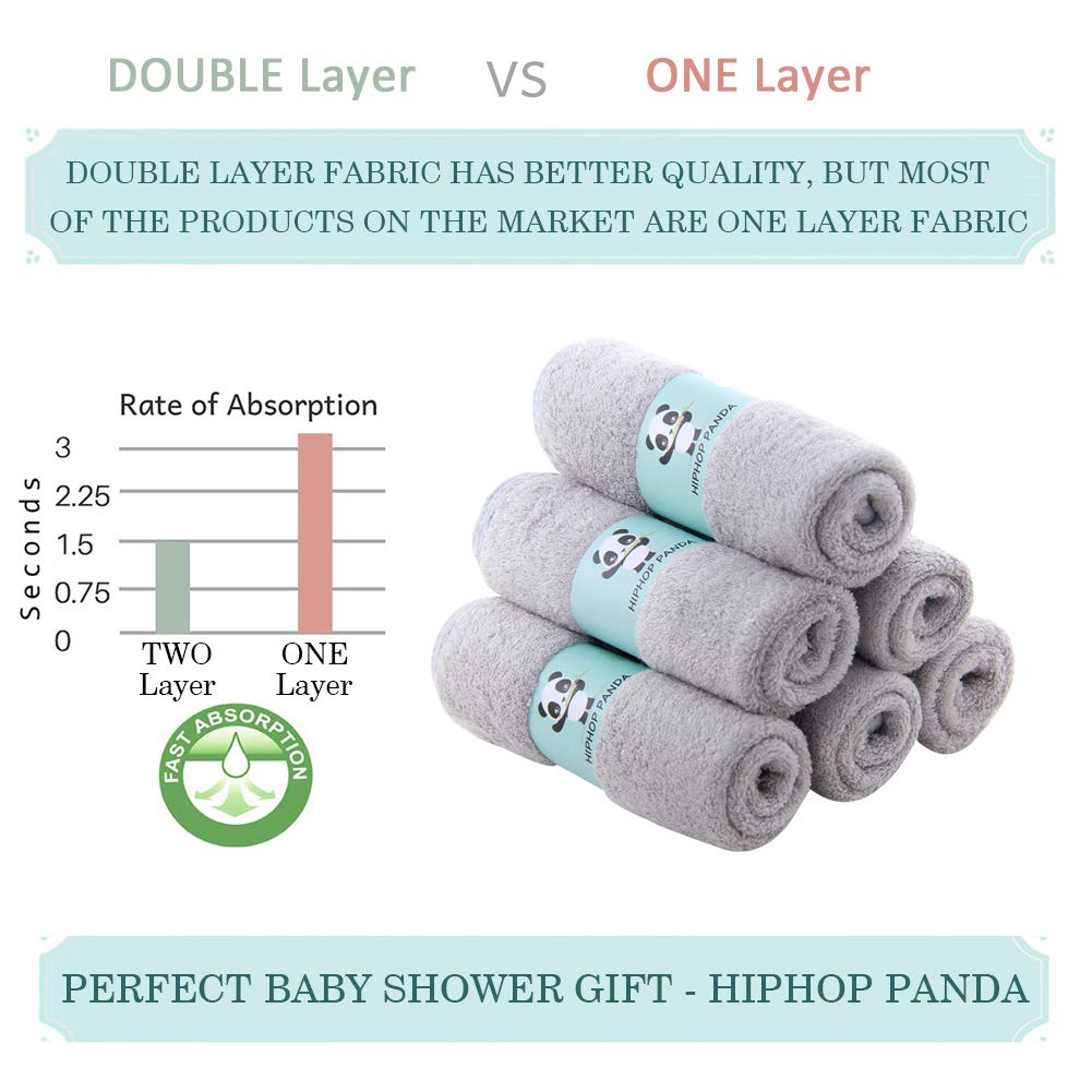 HIPHOP PANDA Baby Washcloths, Rayon Made from Bamboo - 2 Layer Ultra Soft Absorbent Newborn Bath Face Towel - Reusable Baby Wipes for Delicate Skin - Grey, 6 Pack