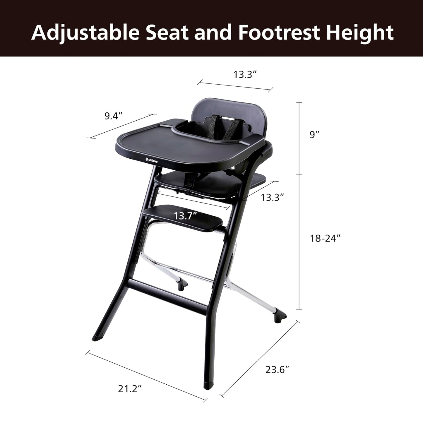 Unilove Grow with Me 2-in-1 Baby High Chair – Adjustable Toddler Chair with Baby Set, Removable Harness, One-Hand Seat & Footrest Adjustment, for Ages 6-60 Months - Truffle Black