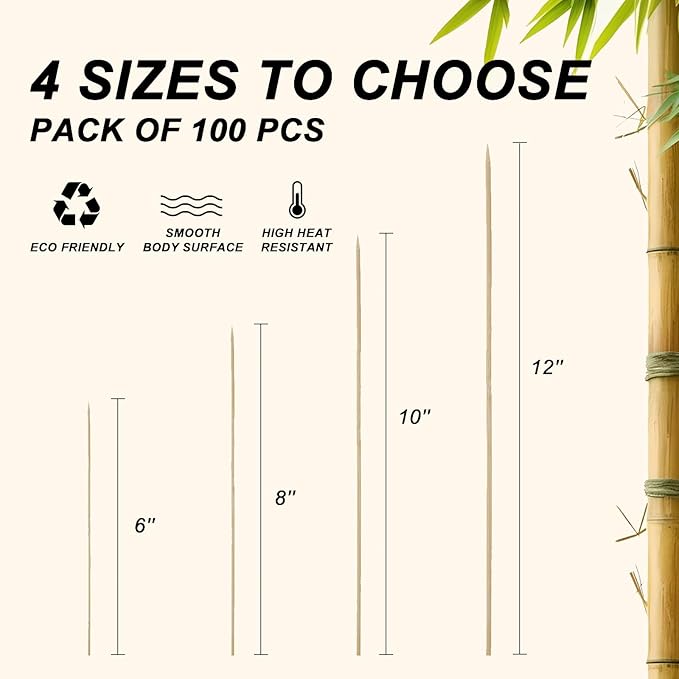 6 inch Natural Bamboo Skewers for Barbecue Party，Fruit，Kabob，Appetiser，Hamburger，Cocktail，Craft，Bouquet，Chocolate Fountain，Corn Dog, diameter=4mm. More Size Choices 6"/8"/10"/12"(100 PCS)