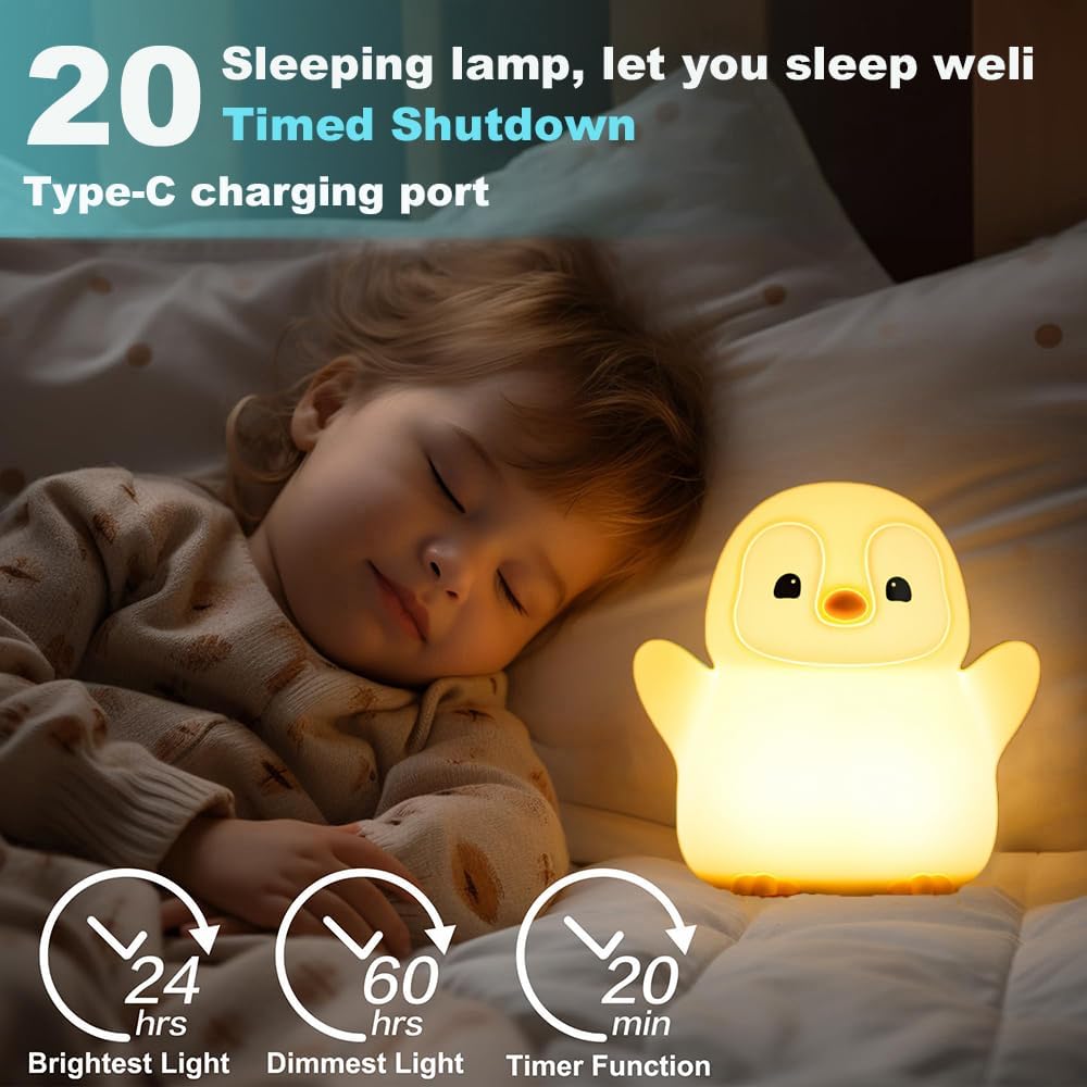 Cute Penguin Night Light for Kids Bedroom, Animal Silicone Nursery Night Lamp Touch Control Nightlights USB Rechargeable Bedside Lamp for Baby Children Toddlers Girls Gift