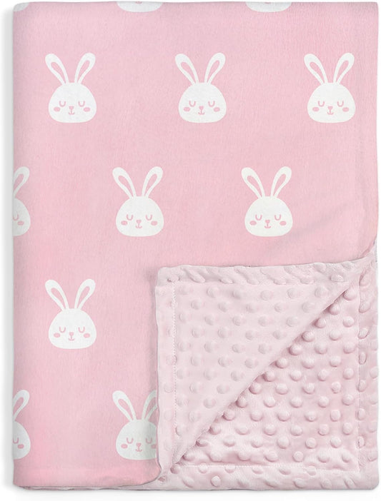 Rabbit Minky Baby Blanket 30 x 40 Inches for Girls, Soft Plush Receiving Blanket with Dotted Back, Gift for Toddler Newborn Infant Christmas Birthday Baby Shower