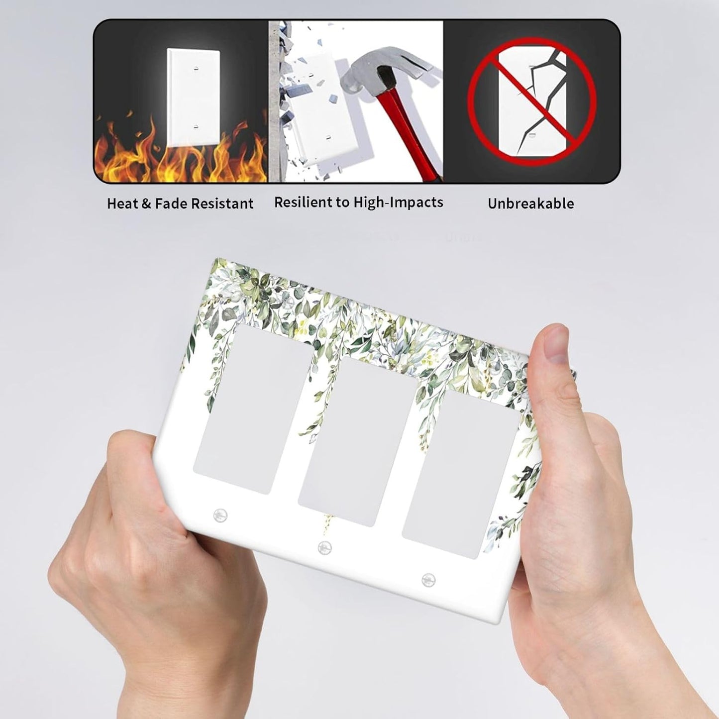 Light Switch Covers Boho Farmhouse Flower Leaf Sage Green 3 Gang Rocker Electrical GFCI Decorative Triple Outlet Wall Plate Cover Switchplate for Bedroom Cabin Decor