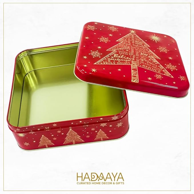 Metal Square Festive Christmas Cookie Tin with Lid | Festive Holiday Storage for Candy Snacks Holiday Christmas Party Decor Favor Gift Box RED GOLD JOY SNOWFLAKE
