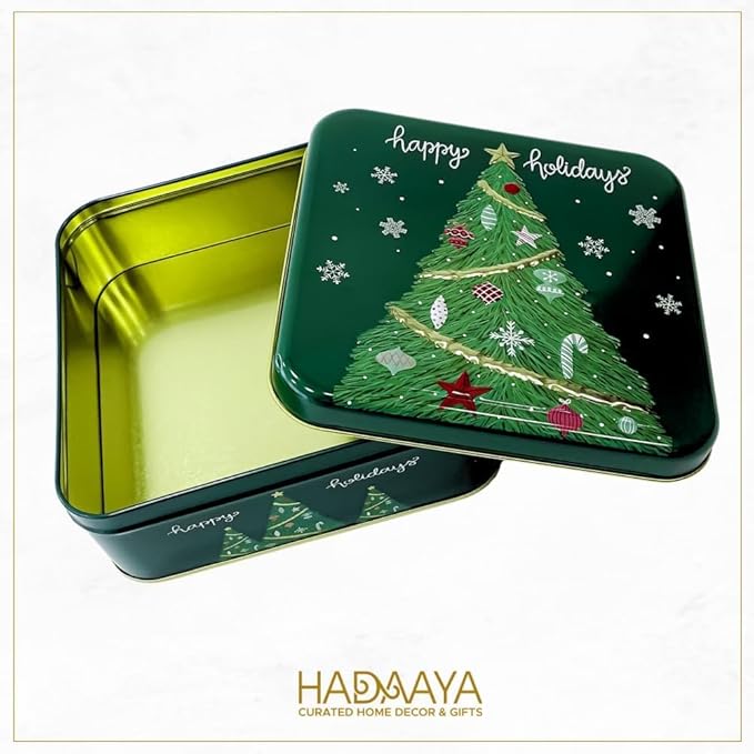Metal Christmas Cookie Tins with Lids, 12 Pack Green Square Holiday Storage Containers, Durable & Stylish Storage Solution For Gift Giving, Cake, Candy & More