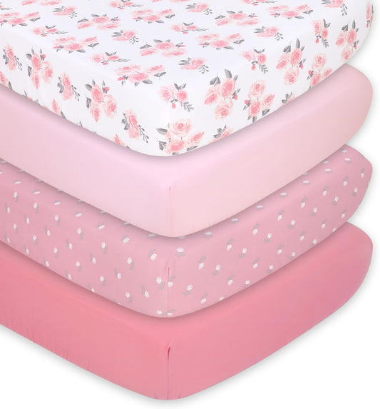 The Peanutshell 4-Pack Fitted Crib Sheet Set - Super Soft & Breathable Baby Girl Crib Sheets, Nursery Decor, Fit for Standard Mattress Cover- Floral