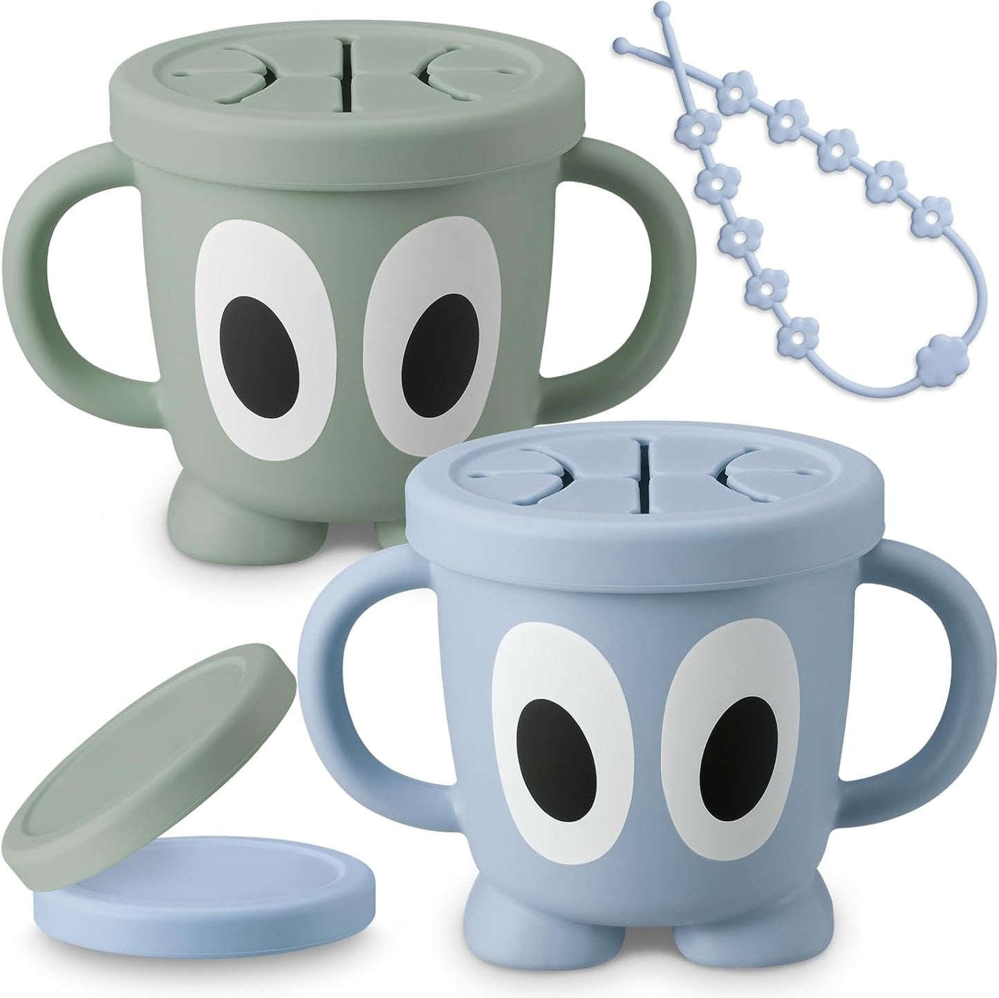 Silicone Snack Cups Food Container for Toddlers and Babies, Spill Proof Training Cup with Snack Cup Lid & Dust Proof Lid, Comes with a toy strap, Without BPA, Lead, or Phthalates (Ether & Sage)