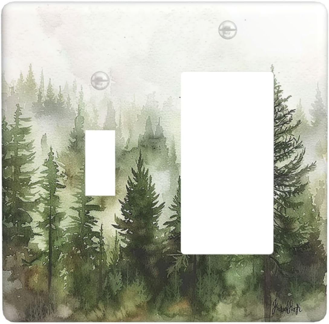 Outlet Covers Green Forest Watercolor Painting Foggy Pine 1 Toggle 1 Rocker Combination Decorative Wall Plate Electrical Switch Plates Light Switch Cover Plate for Bedroom living Room
