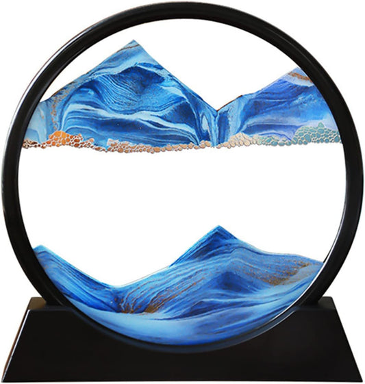 Moving Sand Art Picture in Motion Round Glass 3D Deep Sea Landscape, Calming Fidget Dynamic Sand Art Sandscapes, Sensory Relaxing Desktop Decor Art(7 inch, Blue)