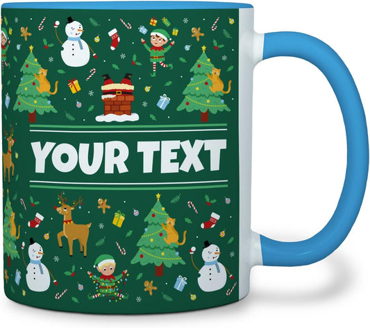 Personalized Mug for Kids - Christmas - Custom Name/Text, Ceramic Hot Chocolate/Cocoa/Coffee Cup for Boys/Girls, Holiday/Birthday Gift - 11 oz, Light Blue Handle
