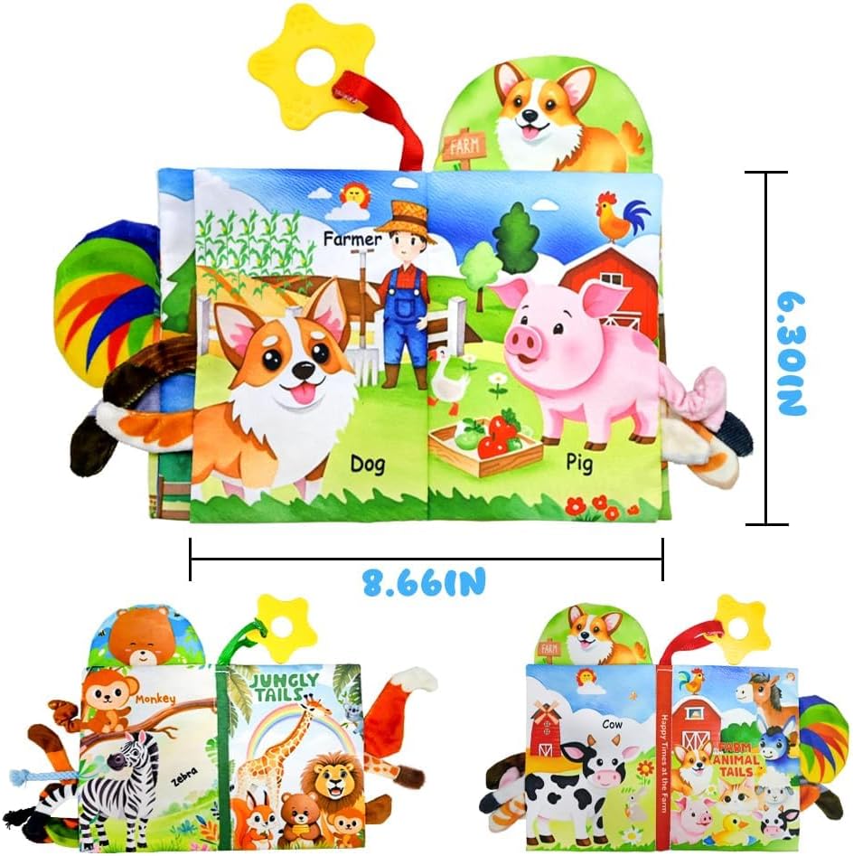 Kimicare 2 PCS Baby Books 0-6 Months, Crinkle Books for Babies, Jungle Tails Soft Cloth Book for Babies 6-12 Months, Infant Farms Sensory Book, Tummy Time Toys