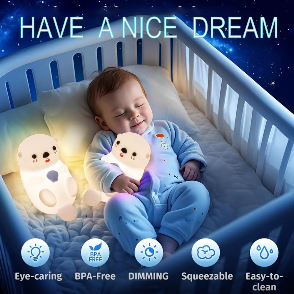 Cute Otter Night Light for Kids Bedroom, Animal Silicone Nursery Night Lamp Touch Control Sea Otter Nightlights USB Rechargeable Bedside Lamp for Baby Children Toddlers Girls Gift