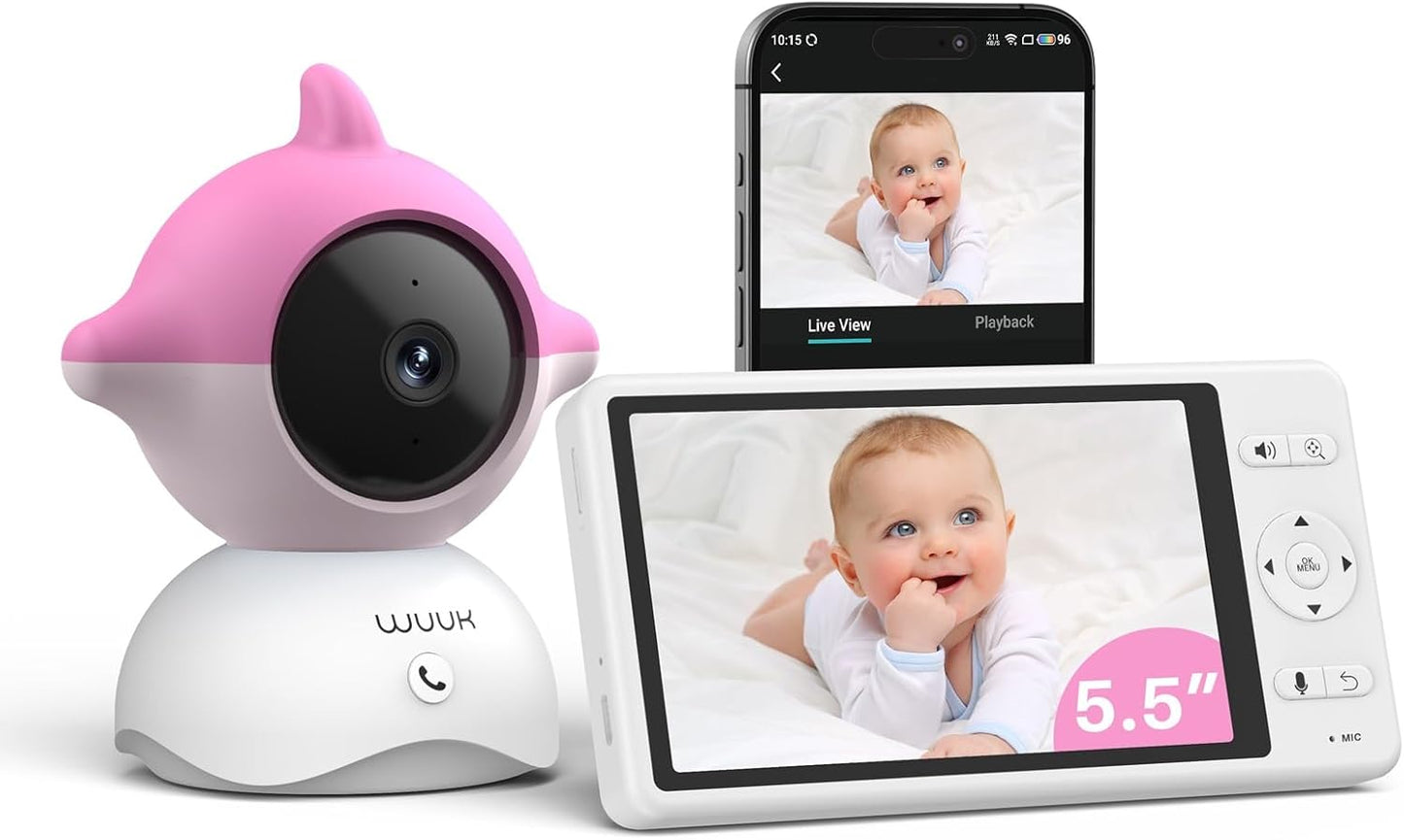 WUUK 2K Video Baby Monitor, 5.5'' Baby Monitor with 360 PTZ Color Display with 135° Wide Angle, 3700mAh Battery, Ultra-clear Night Vision, Baby Camera with App, Temper & Humidity Sensor, Cry Detection