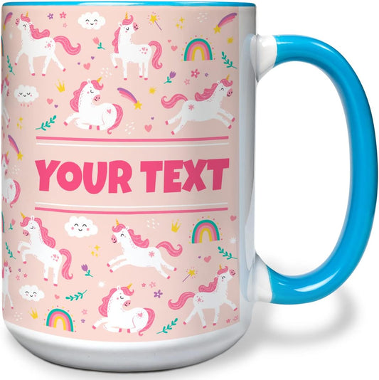 Personalized Mug for Kids - Pink Unicorn - Custom Name/Text, Ceramic Hot Chocolate/Cocoa/Coffee Cup for Girls, Birthday/Christmas/Holiday Gift - 15 oz, Light Blue Handle