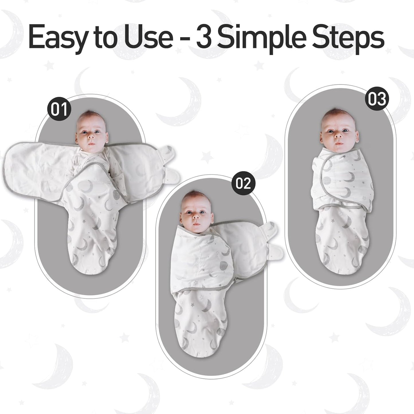 GLLQUEN BABY 3-Pack Swaddle Wrap blankets, Newborn Swaddles 0-3 months, Baby Swaddling Sack, Moon & Cloud, Infant Swaddle Blanket Wrap (Small/Medium)