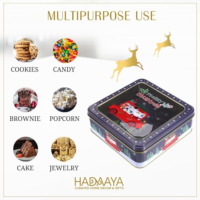 Metal Cookie Tin with Clear Lid – Square Multipurpose Storage Container for Kids' Cookies, Candy, Brownies, Snacks, Chocolate Cake, Crafts – Ideal for Parties & Gift Giving – Blue Snowflake Design