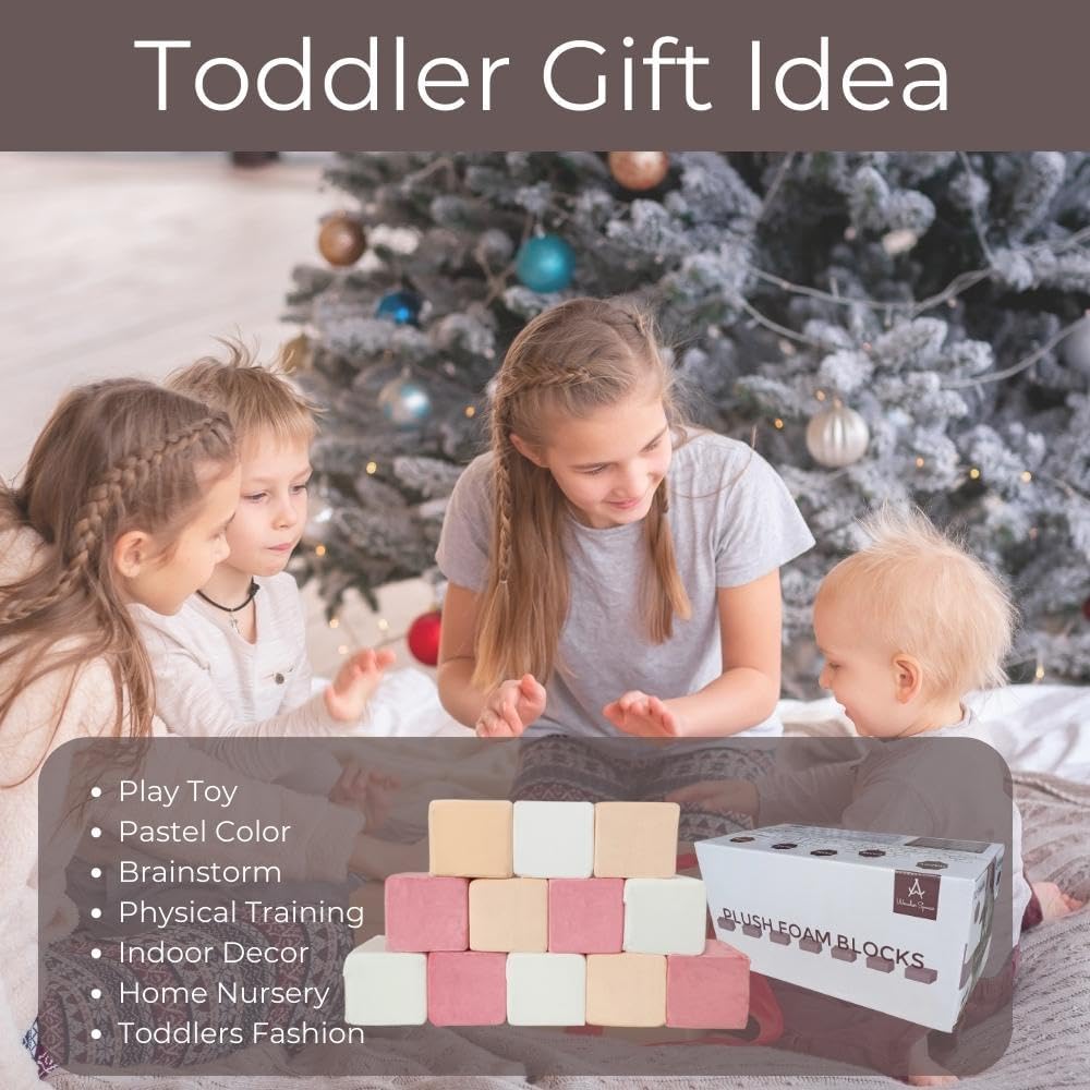Wonder Space Plush Foam Blocks - Nursery Building & Stacking Toys for Toddlers Boys & Girls, Soft Smooth Velvet Cover, Early Education Gross Motor Skills & Brain Development (12 Cubes, Soft Blush)