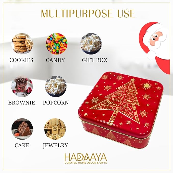 Metal Square Festive Christmas Cookie Tin with Lid | Festive Holiday Storage for Candy Snacks Holiday Christmas Party Decor Favor Gift Box RED GOLD JOY SNOWFLAKE